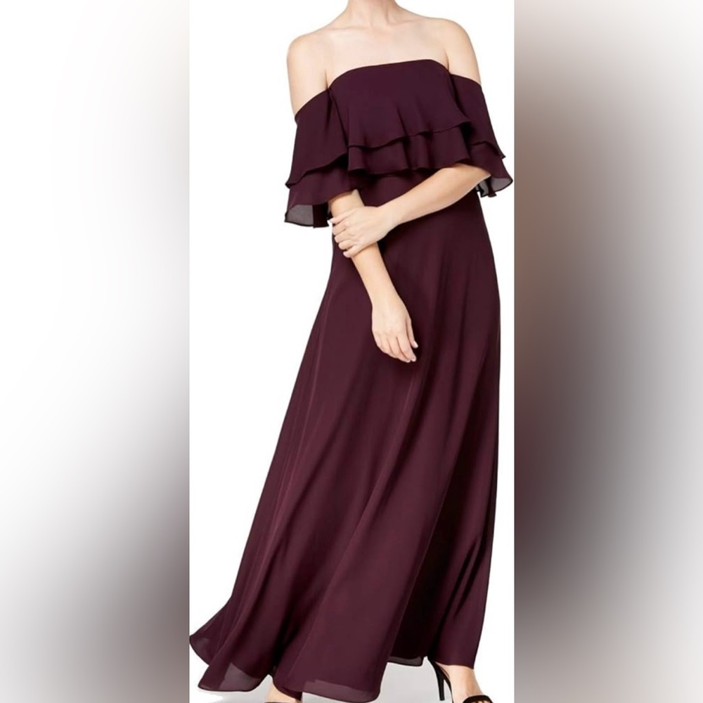 NWT Calvin Klein Ruffle Overlay Off-the-Shoulder Gown - Aubergine - Size 6